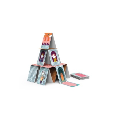 Cartas ilustradas empilhadas formando uma pirâmide com figuras coloridas