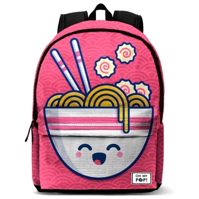 Mochila rosa com estampa colorida de tigela de ramen sorridente e etiqueta OH MY POP!