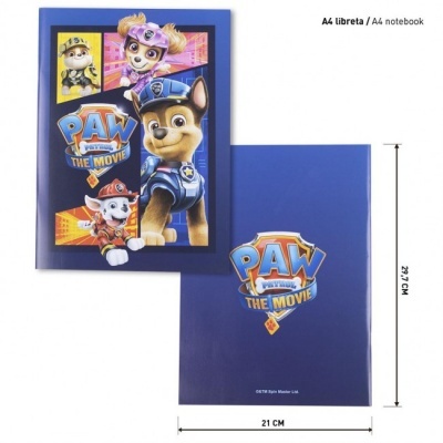 Libreta A4 azul com personagens do PAW Patrol e texto PAW PATROL THE MOVIE.