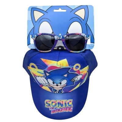 Boné azul do Sonic com óculos de sol em embalagem temático do Sonic