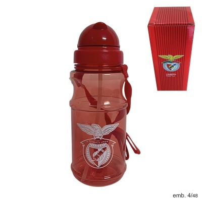 Garrafa vermelha com emblema do SL BENFICA e caixa vermelha correspondente
