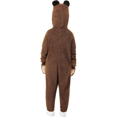 Pijama integral de criança castanho com capuz e orelhas pretas, visto de costas