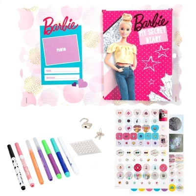 diário secreto Barbie com marcadores coloridos, autocolantes e clipes decorativos