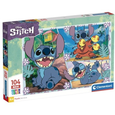 Caixa de puzzle Disney Stitch com 104 peças e imagens do personagem Stitch.