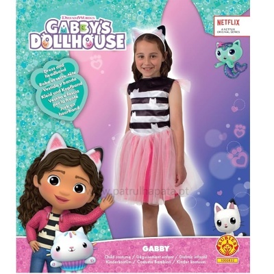 Embalagem de disfarce infantil Gabby da série Gabby's Dollhouse da Netflix, com vestido preto e rosa e orelhas de gato.