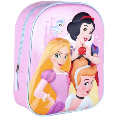 mochila infantil rosa com princesas Disney e fechos azuis