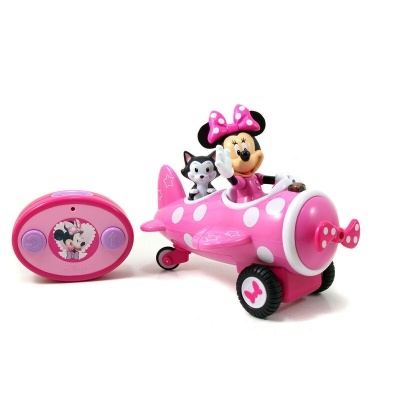 Brinquedo de avião rosa com Minnie Mouse e gato, e comando remoto rosa com imagem da Minnie