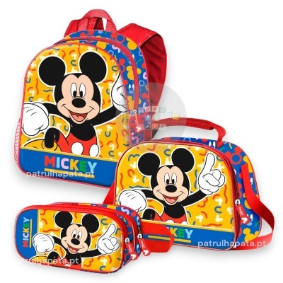 Conjunto mochila, saco e estojo com estampa de Mickey Mouse colorida
