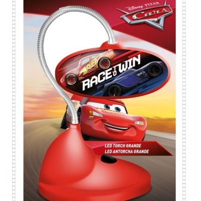 Lâmpada de secretária vermelha com braço flexível em embalagem de produto dos Cars.