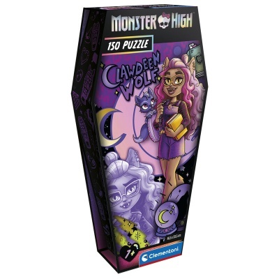 Caixa de puzzle Monster High Clawdeen Wolf com 150 peças em caixa em forma de caixão preta e roxa