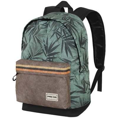 mochila verde com padrão de folhas e bolso frontal castanho