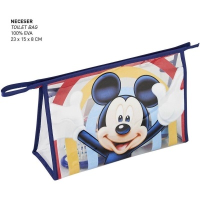 Neceser transparente com imagem do Mickey Mouse e bordas azuis