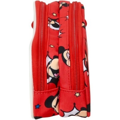 Estojo vermelho com padrão da Minnie Mouse e estrelas, duas secções com fechos vermelhos