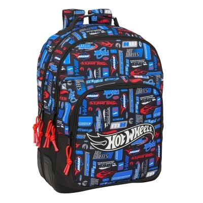 Mochila preta Hot Wheels com padrão colorido e múltiplos fechos vermelhos