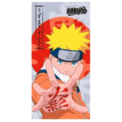 Personagem de anime Naruto com cabelo amarelo e blusão laranja em fundo branco com círculo vermelho