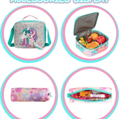 Conjunto de acessórios infantis com lancheira decorada com unicórnio e estojo floral