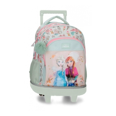 Mochila de rodinhas com desenho das personagens Elsa e Anna do Frozen