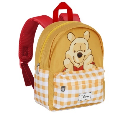 Mochila infantil amarela com estampa do Winnie the Pooh e bolso xadrez branco e amarelo