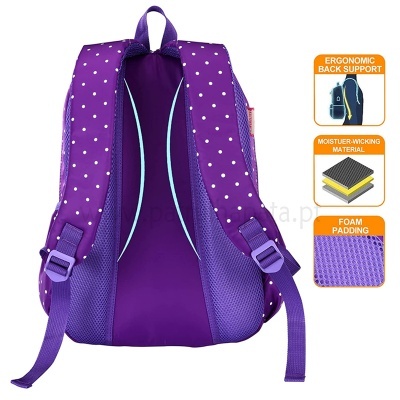 Mochila roxa com bolinhas brancas e alças ajustáveis vista de costas