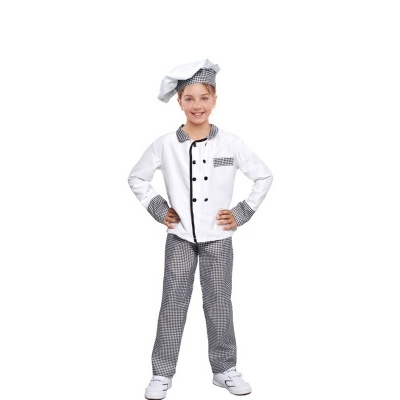 Fato de cozinheiro infantil branco com detalhes xadrez
