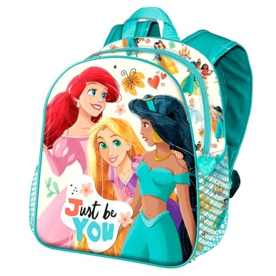 Mochila infantil com personagens Disney Princesas Ariel, Rapunzel e Jasmine e texto 'Just be YOU'