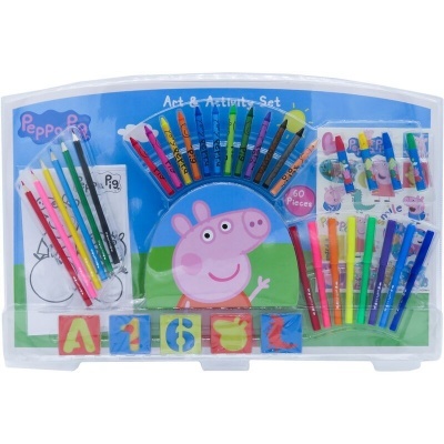 Conjunto artístico Peppa Pig com lápis, canetas, gizes e moldes coloridos em caixa plástica