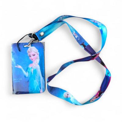 Cartão de identificação com personagem Elsa FROZEN em azul com fita de pescoço azul