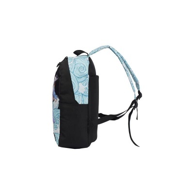 Mochila azul claro e preta vista lateral