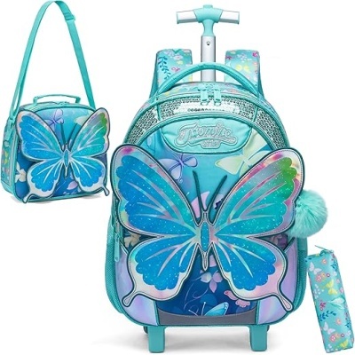 Conjunto de mochila, saco tiracolo e estojo com design de borboletas e cores turquesa.