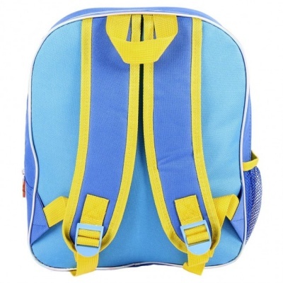 Mochila azul com alças amarelas vista de costas