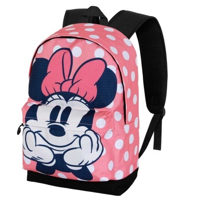 Mochila rosa com bolinhas brancas e desenho da Minnie