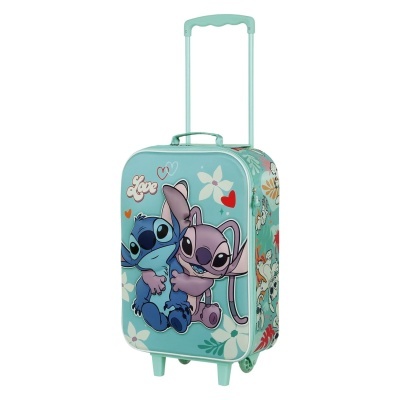 Mala de viagem azul clara com personagens Stitch e Angel e detalhes florais