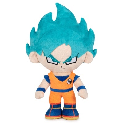 Pelúcia do personagem Goku em modo Super Saiyan Blue com roupa laranja e azul