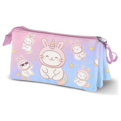 Estojo escolar rosa e azul com desenhos de coelhos e estrelas amarelas