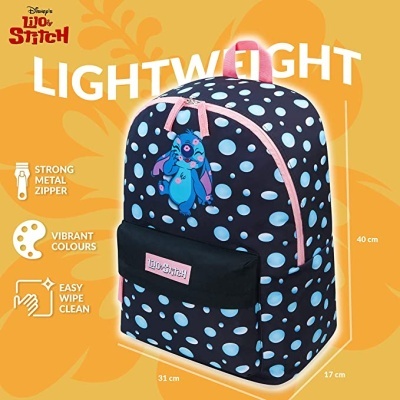 Mochila Disney Lilo & Stitch azul com pontos brancos e detalhes rosa