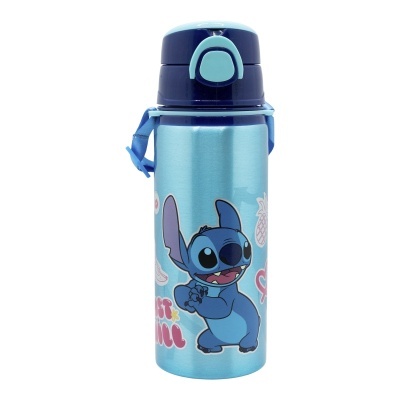 Garrafa de água azul com personagem Stitch e tampa azul