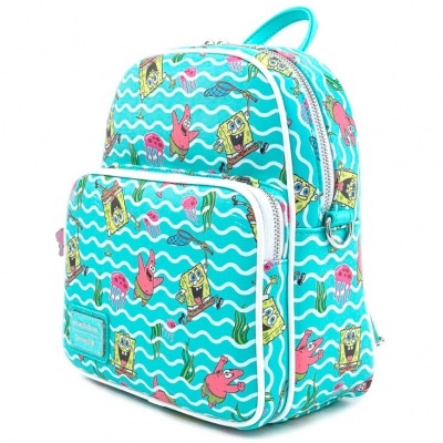 Mochila azul com padrão de ondas brancas e personagens de desenhos animados coloridos