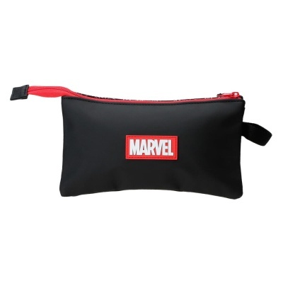 Estojo preto com fecho vermelho e etiqueta MARVEL