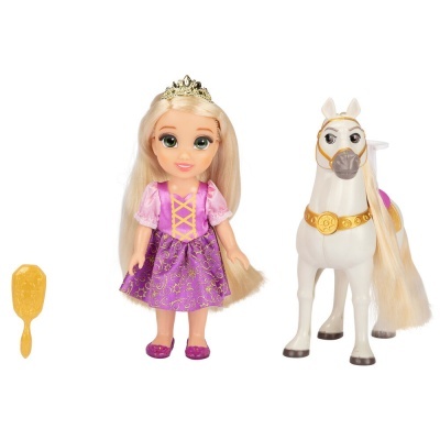 Boneca princesa com vestido roxo e rosa, coroa e cavalo branco com sela roxa
