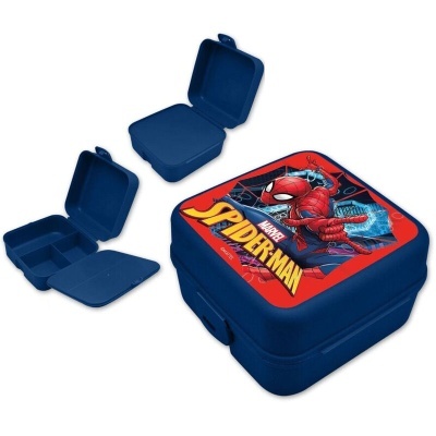 Caixa de armazenamento azul com tampa vermelha e imagem do Homem-Aranha