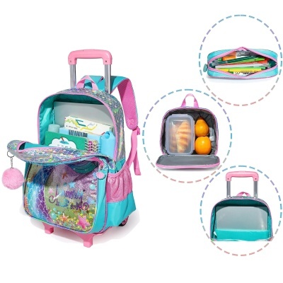 Mochila infantil com rodinhas turquesa e rosa, com padrão de estrelas e texto 'For my star'