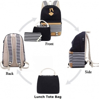 Conjunto mochila e saco de almoço com padrão às riscas preto e branco