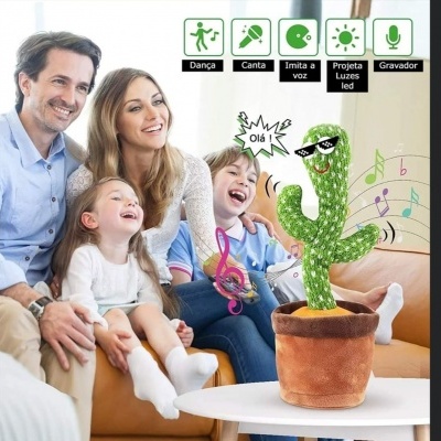 Brinquedo de peluche cacto verde com vaso castanho e funcionalidades educativas