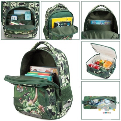 Mochila verde com dinossauros e diversos compartimentos abertos