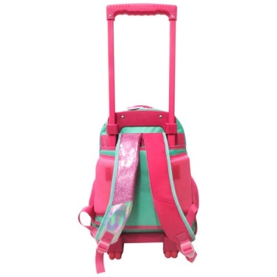 Mochila escolar com carrinho retrátil e alças em rosa e verde