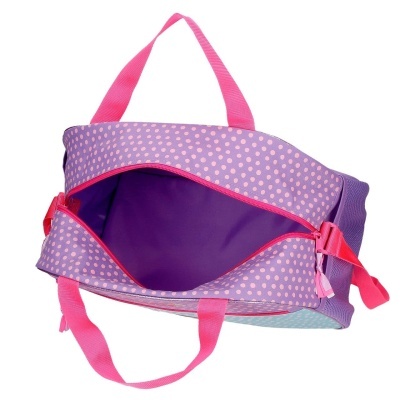 Mala desportiva rosa e lilás com padrão de pontos