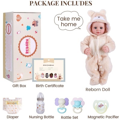 Conjunto de brinquedo com boneca Reborn e acessórios, incluindo embalagem e certificado