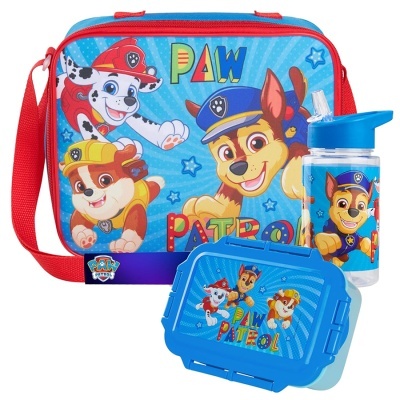 Conjunto de lancheira, garrafa e caixa para sandes Paw Patrol azul e vermelho com personagens estampados.