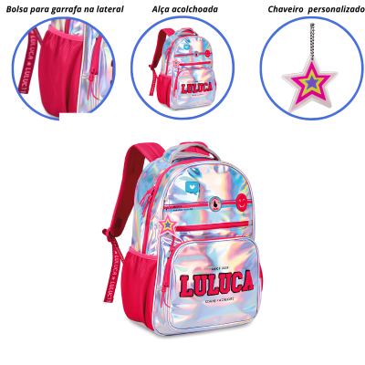 Mochila holográfica azul e rosa com alças vermelhas, bolso lateral e chaveiro de estrela