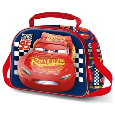 Lancheira infantil com estampa do filme Cars, predominância de vermelho e azul.